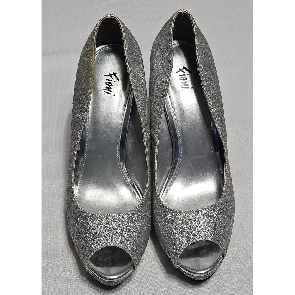 Fioni Luster Silver Glitter Peep Toe Platform Stiletto Heels Shoes Womens 7.5